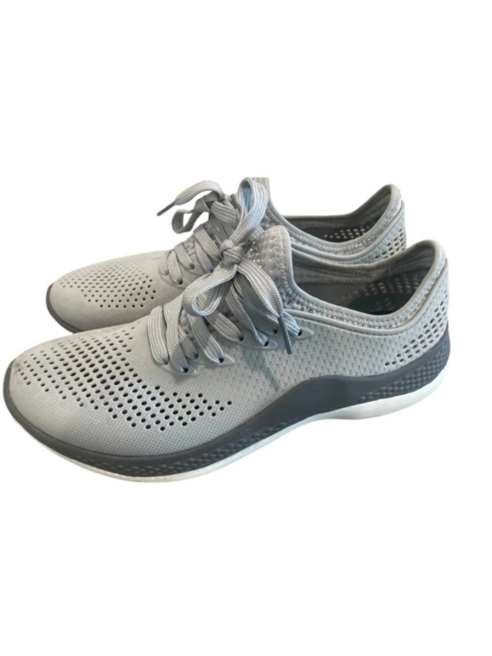 Lightweight Mens Gray Lace-Up Sneakers By Crocs With Perforated Design & Comfort